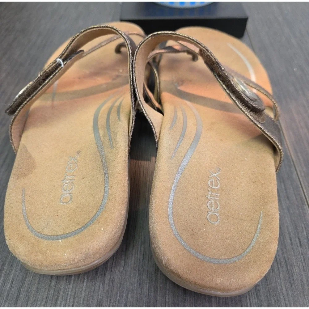 Aetrex Izzy Bronze Faux Leather Comfort Slide Sandals Sz 7 Orthotic